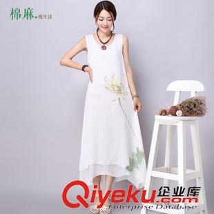 無袖連衣裙 實(shí)拍2015夏新款中國(guó)風(fēng)水墨手繪背心長(zhǎng)裙寬松文藝棉麻連衣裙原始圖片2