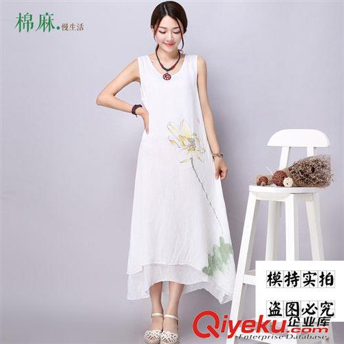 無袖連衣裙 實(shí)拍2015夏新款中國(guó)風(fēng)水墨手繪背心長(zhǎng)裙寬松文藝棉麻連衣裙原始圖片3