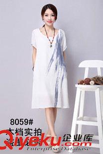 短袖長裙 實拍8059#2015夏新款中國水墨風(fēng)印花文藝棉麻大碼寬松連衣裙原始圖片3