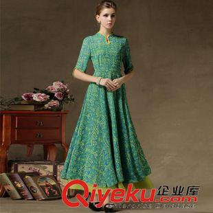 短袖長(zhǎng)裙 2015夏季民族風(fēng)旗袍假兩件套開叉裙擺大擺收腰七分袖連衣裙原始圖片2