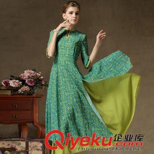 短袖長(zhǎng)裙 2015夏季民族風(fēng)旗袍假兩件套開叉裙擺大擺收腰七分袖連衣裙原始圖片3