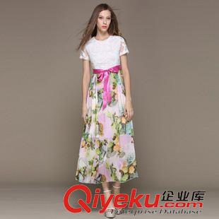 短袖長裙 實拍2015歐美新款 修身顯瘦鏤空睫毛蕾絲中長款 連衣裙