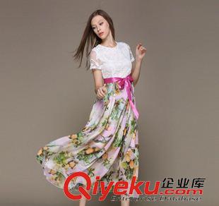 短袖長裙 實(shí)拍15夏歐美拼接網(wǎng)紗刺繡優(yōu)雅氣質(zhì)印花大裙擺長裙連衣裙原始圖片3