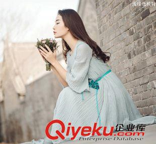 長袖長裙 2015春夏日系棉麻褶皺版文藝七分袖寬松長款森女系大擺連衣裙原始圖片2