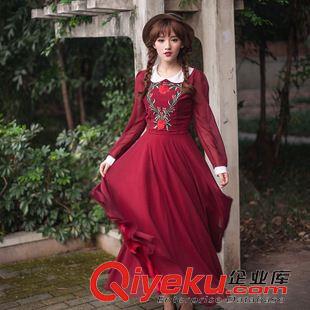 長袖長裙 實拍2015春款 {dj2}高品質復古刺繡玫瑰花長袖連衣裙 大擺長裙原始圖片2