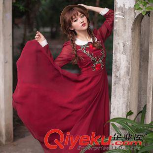長袖長裙 實拍2015春款 {dj2}高品質復古刺繡玫瑰花長袖連衣裙 大擺長裙原始圖片3