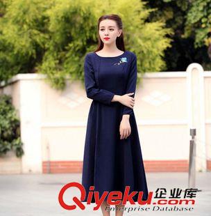 長(zhǎng)袖長(zhǎng)裙 2015秋季文藝復(fù)古修身連衣裙 木耳邊立領(lǐng)網(wǎng)紗棉麻繡花長(zhǎng)裙