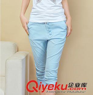 休閑長褲 夏季排扣休閑褲糖果色七分褲學(xué)院風(fēng)大碼哈倫褲棉麻潮原始圖片3