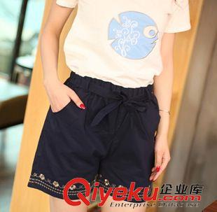 休閑短褲 實拍2015夏裝新款原創百搭花布緊腰口袋蝴蝶結刺繡短褲熱褲原始圖片2