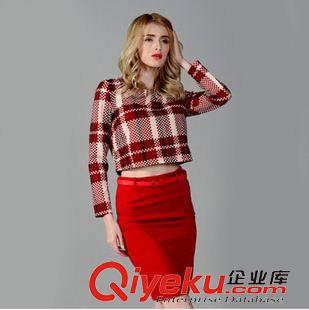 2015時尚套裝 早秋新款歐洲站 復(fù)古長袖洋氣格子上衣 包臀半身裙兩件套原始圖片2