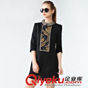 連衣裙 2015秋季新款歐美大牌女裝復(fù)古印花翻領(lǐng)A字裙修身顯瘦連衣裙女原始圖片2