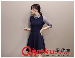 連衣裙 韓版新款秋冬季打底裙長袖針織連衣裙假兩件收腰娃娃領A字中裙女原始圖片2