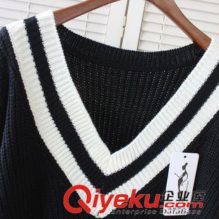 針織衫外套 2015新款寬松豎條紋大深V領學院風中長款長袖休閑套頭針織毛衣女