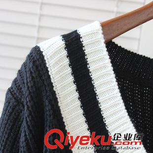 針織衫外套 2015新款寬松豎條紋大深V領學院風中長款長袖休閑套頭針織毛衣女原始圖片2
