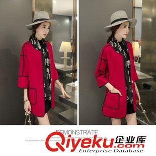 外套 秋季新品2015韓版大碼寬松拼接口袋七分袖休閑中長款外套女開衫薄原始圖片3