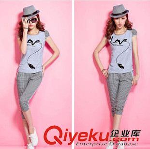 5月新款 套裝女夏裝新款2015格子大碼短袖T恤時(shí)尚休閑套裝七分褲原始圖片2