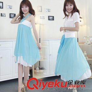 2015年6月新款 韓國(guó)2015春夏新款女裝兩件套高腰連衣裙圓領(lǐng)套裝蓬蓬a字裙女