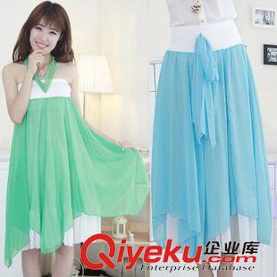 2015年6月新款 2015新款女裝不規(guī)則兩穿吊帶半身裙長裙裹胸純色雪紡連衣裙原始圖片3