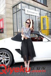 2015年6月新款 夏裝女套裝 新款韓版連衣裙套裙時尚雪紡短袖上衣修身大擺長裙潮原始圖片2