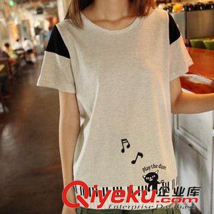 打底衫T恤 日系森女學(xué)院風(fēng)可愛貓咪印花 T恤 新款圓領(lǐng)短袖 純棉