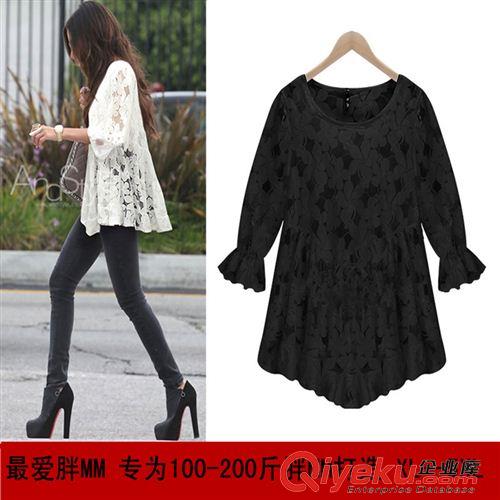 連衣裙 歐美大碼女裝 胖MM 大碼女裝 蕾絲鏤空圓領(lǐng)寬松連衣裙 上衣原始圖片2