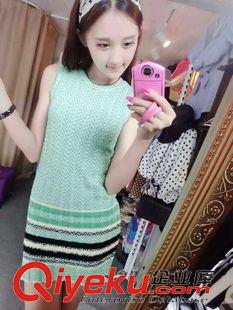 連衣裙 夏裝新款歐美時(shí)尚修身顯瘦V領(lǐng)針織彩色條紋連衣裙原始圖片2