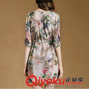 連衣裙 夏季新品復古民族風氣質五分袖束腰真絲印花連衣裙原始圖片2