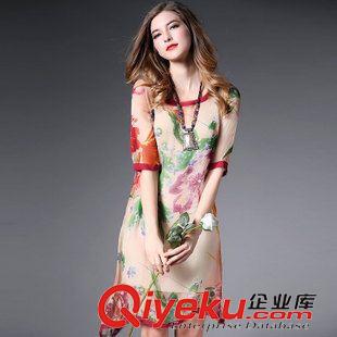 連衣裙 夏季新品復古民族風氣質五分袖束腰真絲印花連衣裙