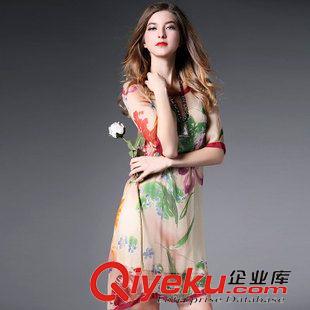 連衣裙 夏季新款  歐美時尚優(yōu)雅桑蠶絲真絲不規(guī)則印花連衣裙原始圖片2
