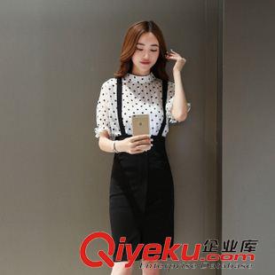 套裝 歐洲站夏季兩件套裙子名媛小香風修身短袖黑白點點背帶套裝原始圖片2