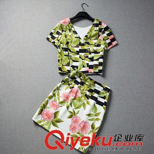 套裝 春夏新款歐美dp女裝花卉印花包臀裙短袖套裝原始圖片2