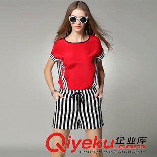 套裝 歐洲站夏裝新款短袖條紋雪紡衫上衣 條紋短褲套裝女原始圖片2