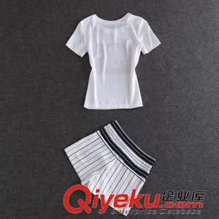 套裝 夏新款女裝性感夢露人頭像短袖丅恤女+條紋高腰短褲休閑套裝原始圖片3