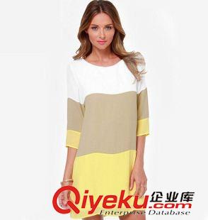 歐美爆款專拍區(qū) ebay歐美外貿(mào)新款寬松短裙 三色拼接后背開叉一粒包扣連衣裙原始圖片2