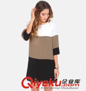 歐美爆款專拍區(qū) ebay歐美外貿(mào)新款寬松短裙 三色拼接后背開叉一粒包扣連衣裙原始圖片3