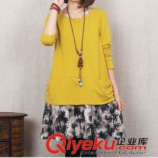 火拼專場 2014秋季新品 韓版大碼女裝休閑印花拼接棉麻假兩件長袖連衣裙
