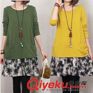 臘月30都可以發的貨！ 2014秋季新品 韓版大碼女裝休閑印花拼接棉麻假兩件長袖連衣裙