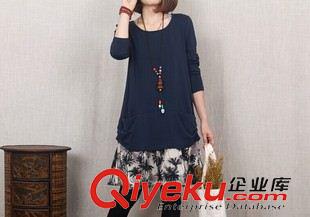 2015年3月新款 2014秋季新品 韓版大碼女裝休閑印花拼接棉麻假兩件長袖連衣裙原始圖片3