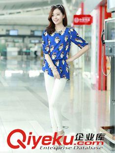 2015年3月新款 2015新款夏裝韓版女裝泡泡袖短袖女式中長款碎花雪紡衫原始圖片2