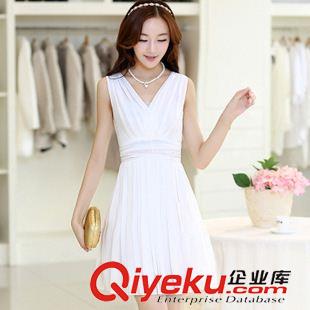 短袖連衣裙 2015春夏季淑女裝性感V領高腰修身顯瘦無袖中長款雪紡連衣裙