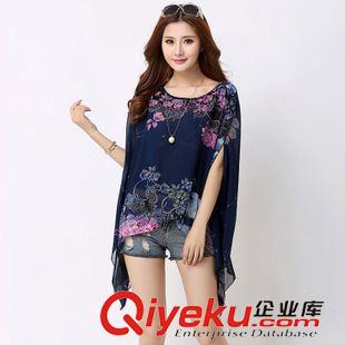【tj處理區】 2015春裝新款時尚韓版女裝顯瘦印花雪紡衫寬松蝙蝠衫