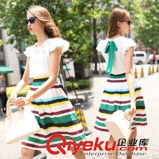 2015歐美高端面料潮裝 實拍歐洲站2015夏裝新款荷葉袖系帶上衣+百褶中長裙兩件套連衣裙原始圖片3
