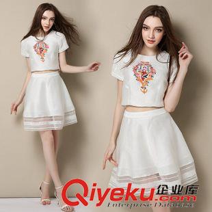 2015歐美高端面料潮裝 實拍歐洲站2015夏裝新款 純棉V領上衣+松緊腰大擺裙兩件套連衣裙