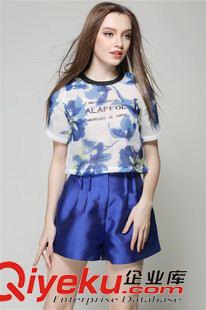 2015歐美gd面料潮裝 2015夏季新款  歐美時(shí)尚套裝女雪紡印花T恤高腰闊腿短褲兩件套原始圖片3