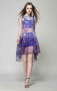 2015歐美gd面料潮裝 2015夏季新款 歐美時尚蝴蝶印花飄逸ts大擺歐根紗連衣裙三件套