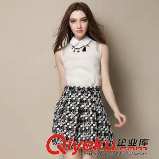 2015歐美gd面料潮裝 歐洲站2015夏季新款 歐美范蝴蝶領拼接撞色泡泡短袖OL連衣裙