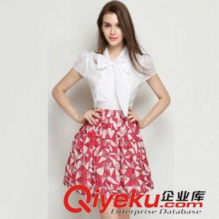 2015歐美gd面料潮裝 歐洲站2015夏季新款 歐美范蝴蝶領拼接撞色泡泡短袖OL連衣裙