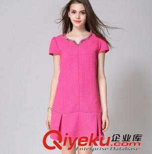 2015歐美高端面料潮裝 ChunMeiNa/實拍 大牌女裝連衣裙女夏季v領釘珠粉紅顯瘦短袖連衣裙原始圖片3