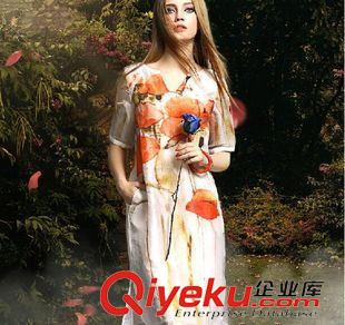 2015歐美高端面料潮裝 歐洲站2015夏季新款 歐美高檔絲麻中長款大碼寬松真絲大花連衣裙原始圖片2