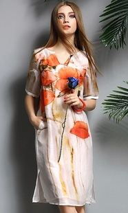 2015歐美高端面料潮裝 歐洲站2015夏季新款 歐美高檔絲麻中長款大碼寬松真絲大花連衣裙原始圖片3